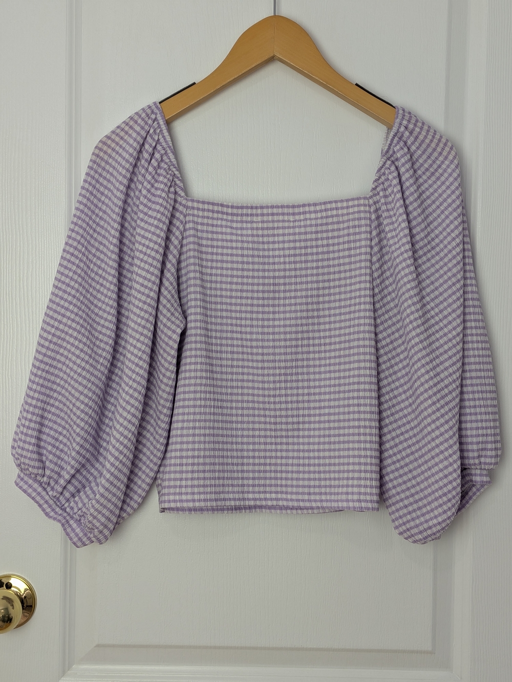 PURE Suzy Shier Lilac Gingham Seersucker Blouse - Puff Sleeves - Size Large #156 - Picture 3 of 4